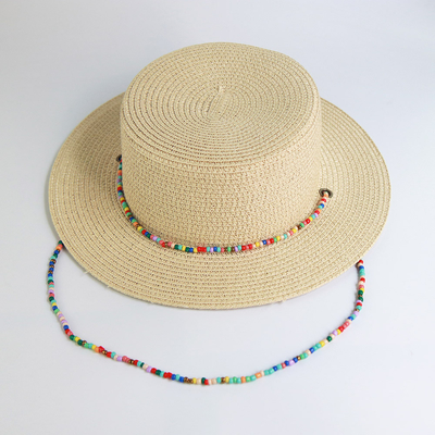 New Fashion Rice Bead Necklace Flat Top Foldable Straw Hat For Women