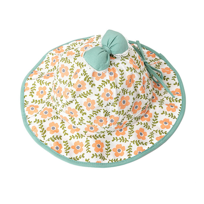 Floral Wavy Bound Cotton Children'S Bucket Hat with bow For Outdoor Sun Protection