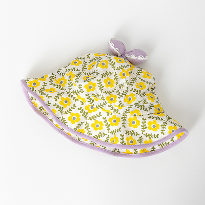 Floral Wavy Bound Cotton Children'S Bucket Hat with bow For Outdoor Sun Protection
