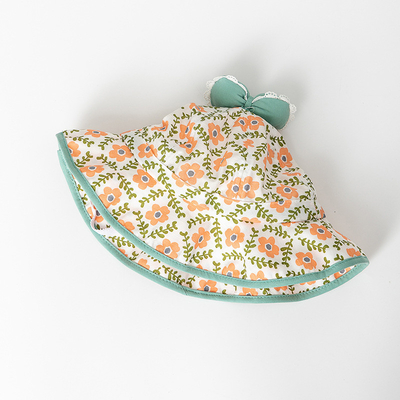 Floral Wavy Bound Cotton Children'S Bucket Hat with bow For Outdoor Sun Protection