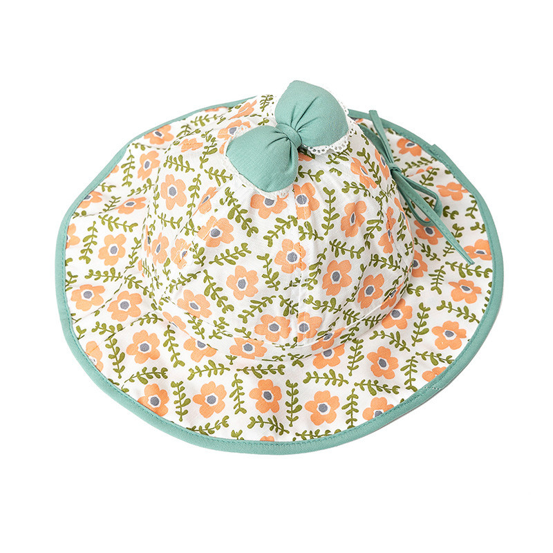 Floral Wavy Bound Cotton Children'S Bucket Hat with bow For Outdoor Sun Protection