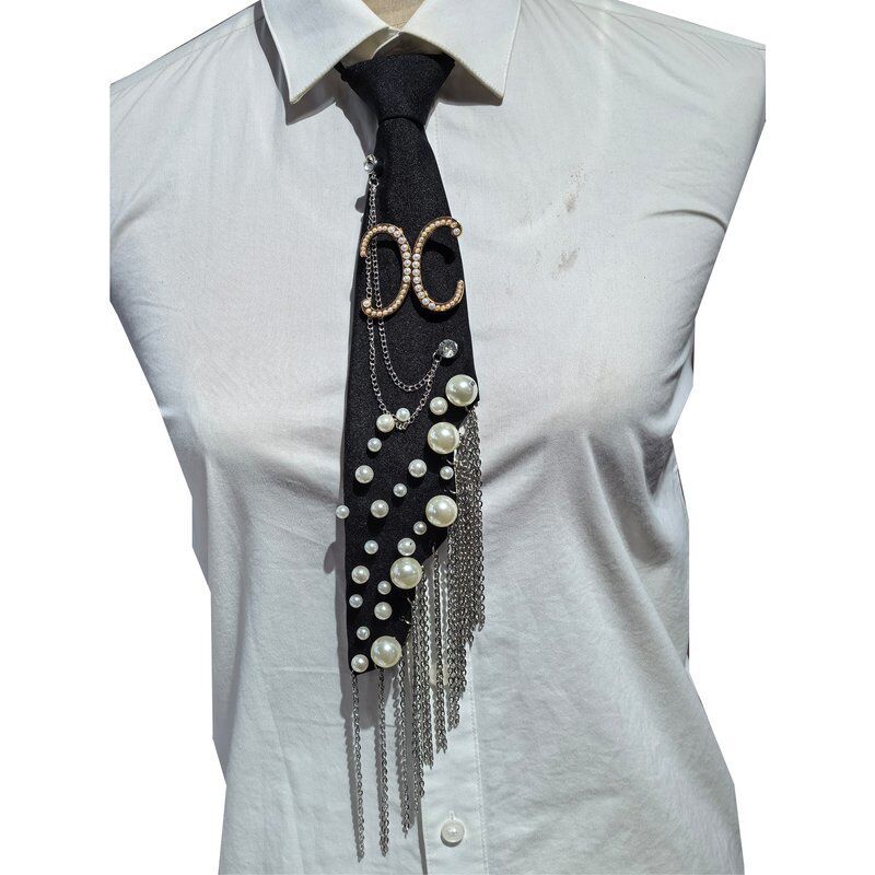 Wholesale Letter X Pearl Brooch Necktie Handmade Faux Pearl Alphabet Pin with Iron Chain Tassel Decorative Polyester Tie for Women (Black)